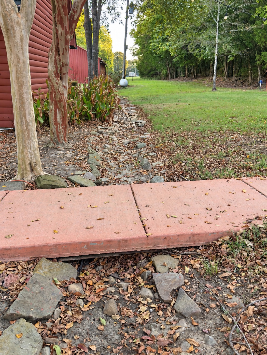 Drainage channel beside a red building before work, with fallen leaves among the stones and grass along the edge.