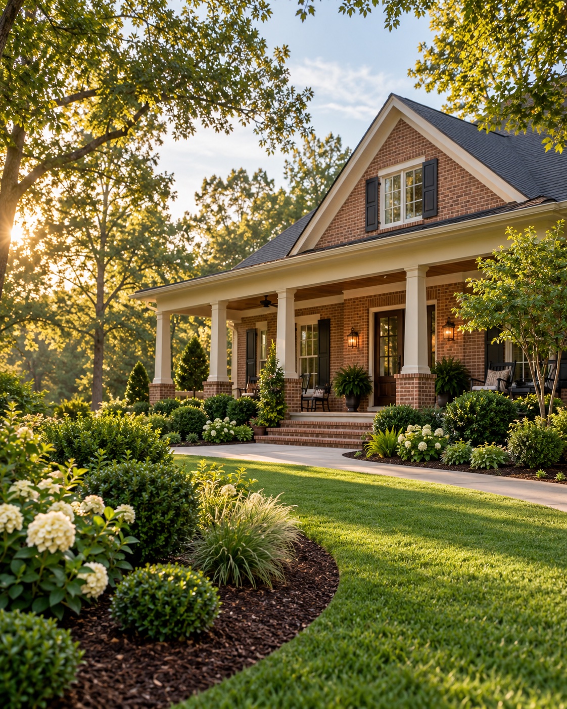 Illustrative image of a welcoming brick home, a curved garden bed, healthy planting, and a neatly maintained lawn in warm afternoon light.